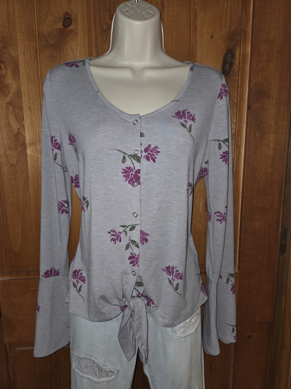 Arizona Jean Company Gray Long-Sleeve Button Front Top with Purple Floral Print